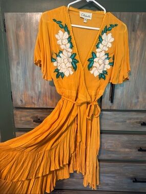 Anthropologie Cleobella Summer Orange Floral Embroidered High-Low Wrap Dress